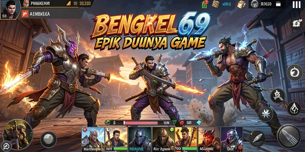 Screenshot utama BENGKEL69 menampilkan aksi pertarungan yang penuh semangat.