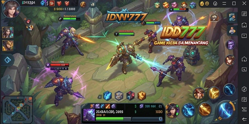 Tangkapan layar gameplay seru dalam IDN777 yang menunjukkan pertempuran antara dua tim.