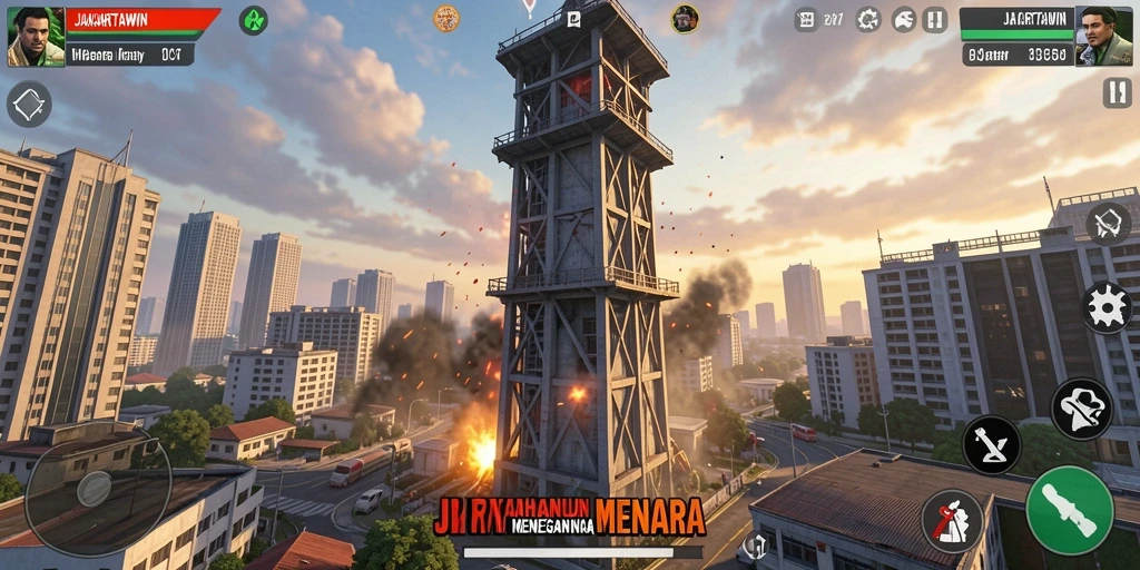 Tampilan gameplay menawan dari JAKARTAWIN dengan menara yang strategis.