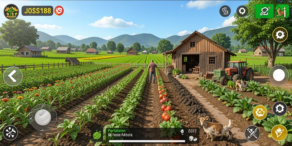 Screenshot gameplay JOSS188 menampilkan ladang hijau dengan berbagai tanaman.