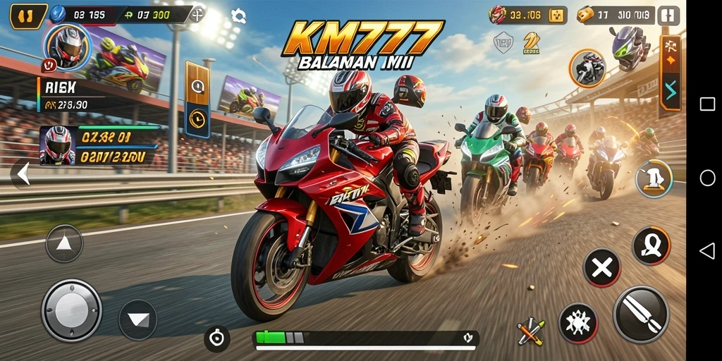 Tampilan gameplay KM777 dengan motor balap yang cepat dan trek yang menantang.