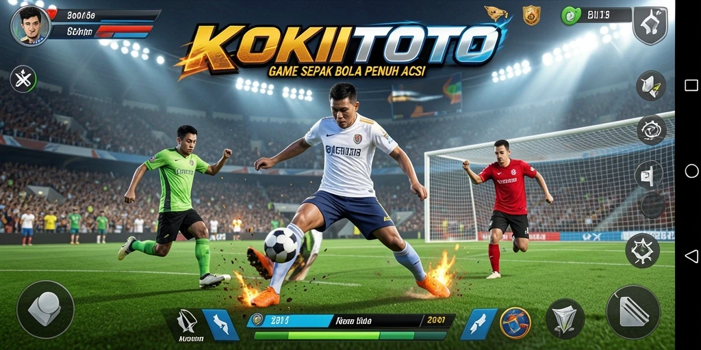 Tampilan layar permainan KOKITOTO dengan aksi sepak bola yang intens.