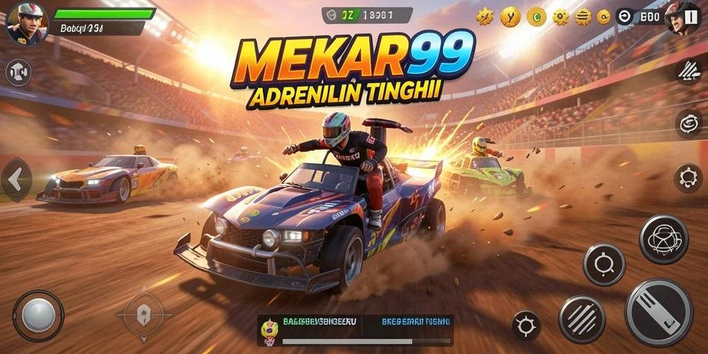 Screenshot menunjukkan aksi balapan yang mendebarkan di MEKAR99.