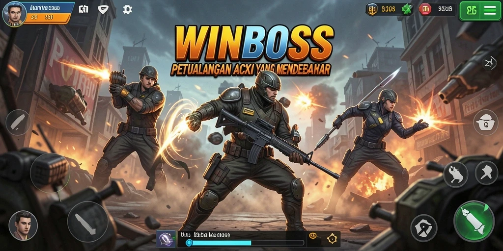 Screenshot utama WINBOSS menampilkan aksi mendebarkan di arena pertempuran.