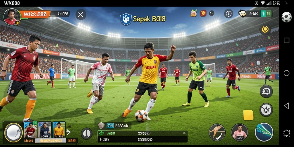 Screenshot gameplay WK888 menampilkan aksi pertandingan sepak bola yang mendebarkan.